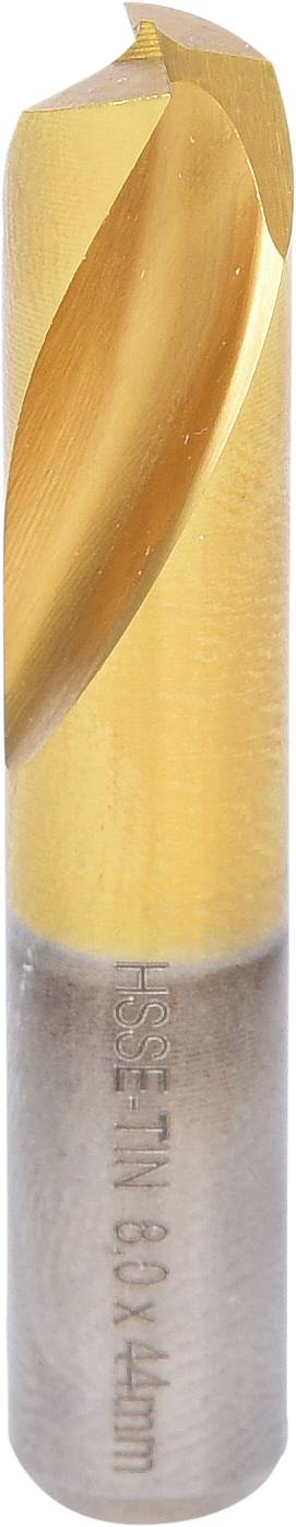 Drill bit with golden titanium coating, cylindrical in shape, consisting of a shaft and a sharp cutting edge, for drilling wood or metal.