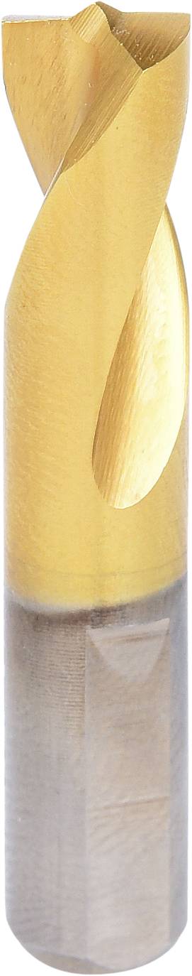 A golden drill bit with a short, spiral-cutting edge. It has a bright point at the top and a grey base at the bottom.