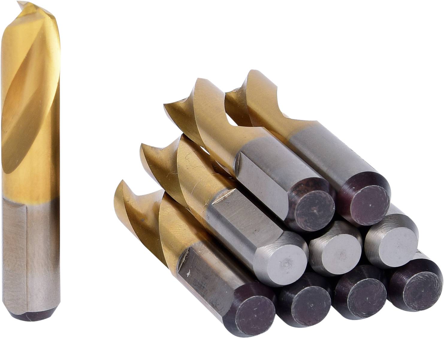 A single drill bit and a stack of drill bits, all made of metal and in gold and silver colours, on a white background.