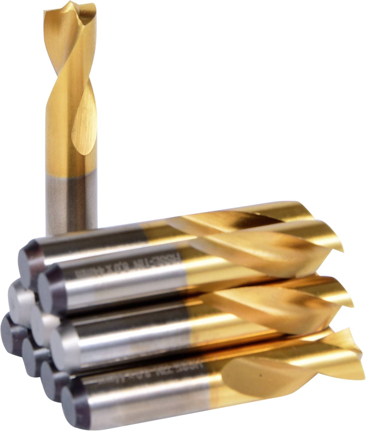 A stack of end mills with a gold coating in various angles, suitable for precise drilling and milling work.