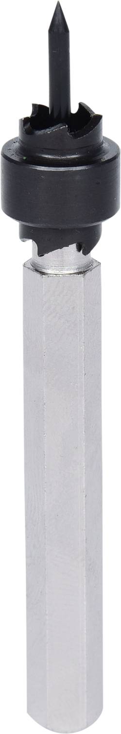 A silver hexagonal metal tool with a black gear-textured head and a pointed tip, possibly a specialised drill accessory.