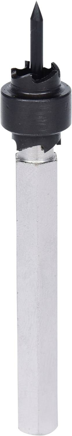 A drill bit with a hexagonal shank, a black insert at the top and a sharp point. Suitable for precise drilling in materials.