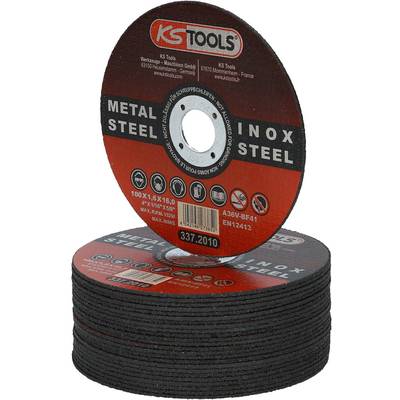 Stack of metal cutting discs, KS Tools brand. Each disc is 100x1.6x16 mm, suitable for steel and stainless steel, in accordance with EN12413.