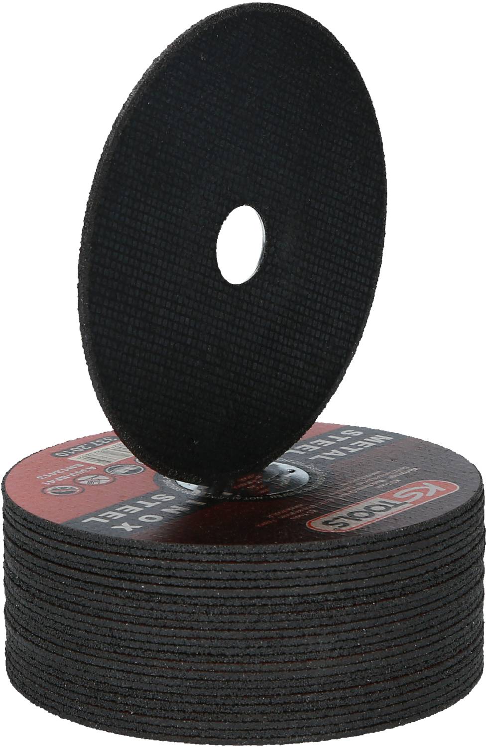 Stack of black cutting discs, one standing upright. Suitable for metalworking, product label visible.
