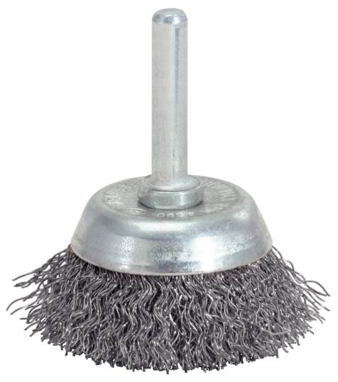 Steel brush attachment for power drills, metal brush head with spirally arranged bristles for cleaning and surface treatment.