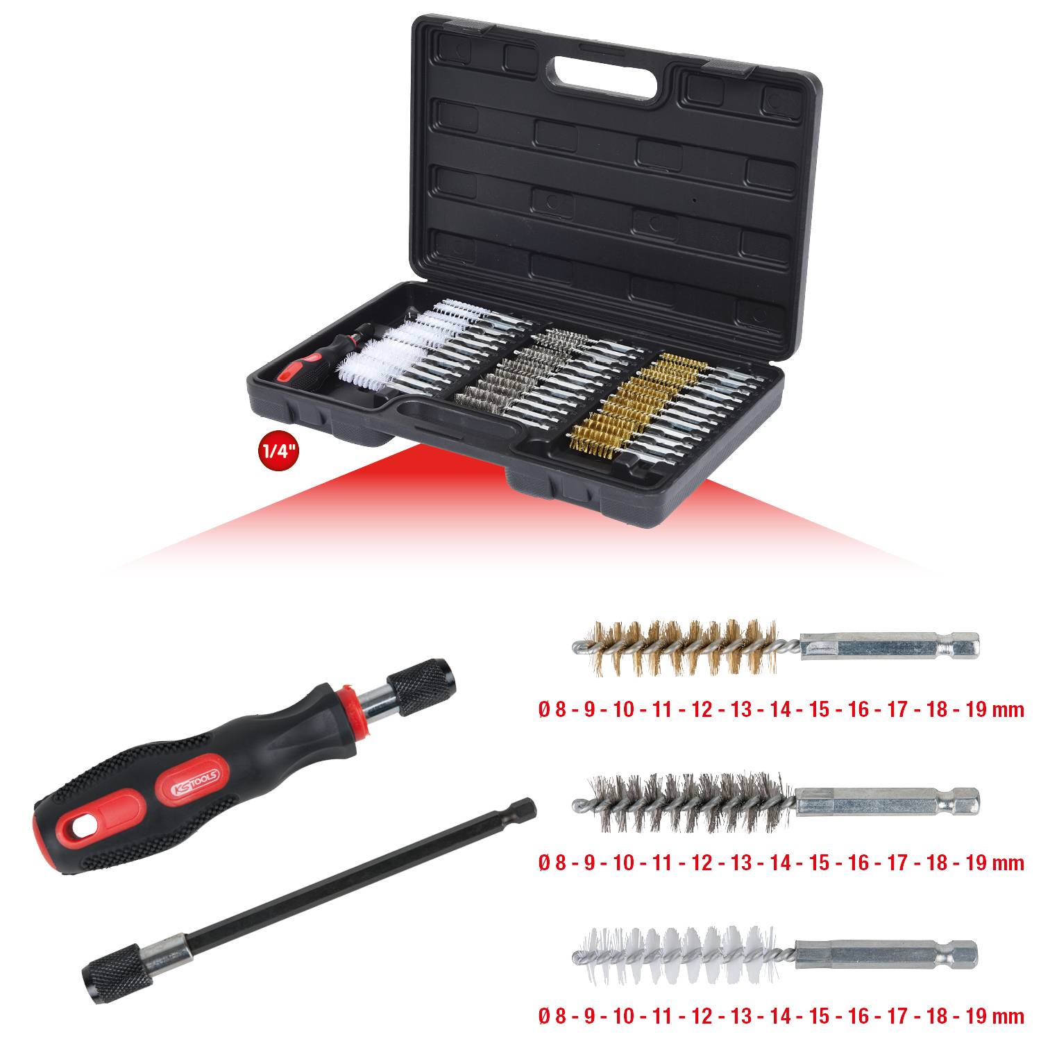 A set of cleaning brushes in various sizes (8-19 mm) with a handle and extension rod, all organised in a black case.