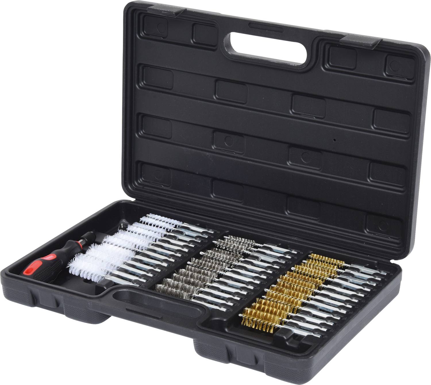 Black plastic case with various cleaning brushes and accessories. Contains white, silver, and gold bristles.
