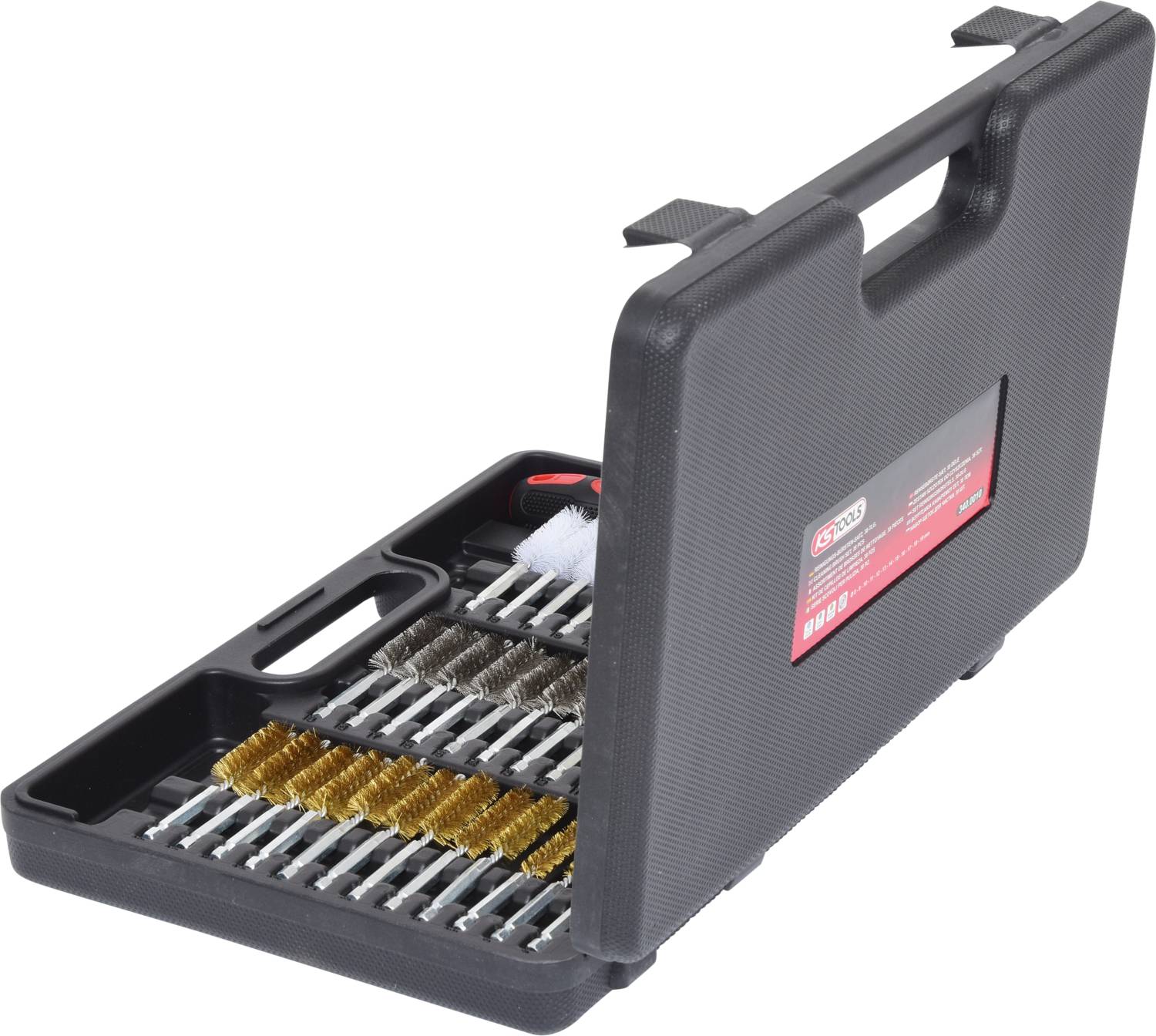 An open tool case with various brush attachments, including brass, steel, and nylon brushes, arranged in rows.