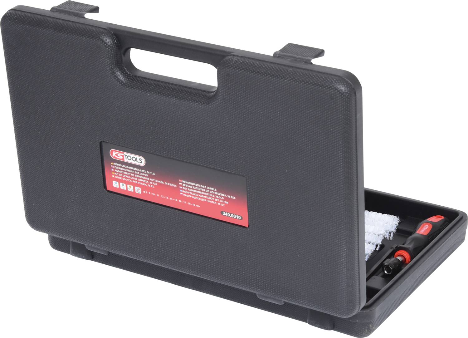 Black tool case by KS Tools, partially open, showing parts of a tool set inside.