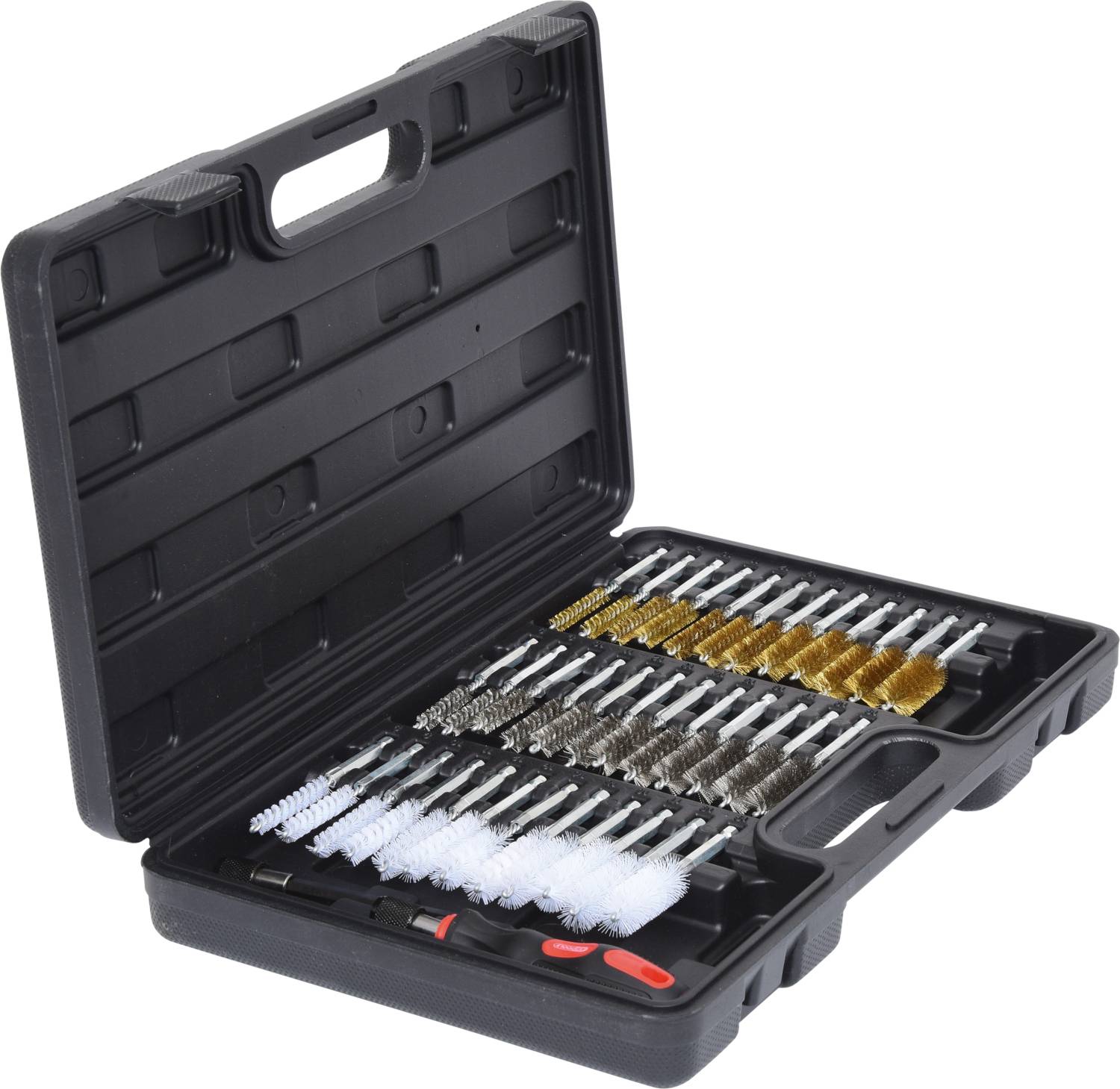 Open black suitcase with various brush attachments for cleaning, arranged by size and bristle materials.