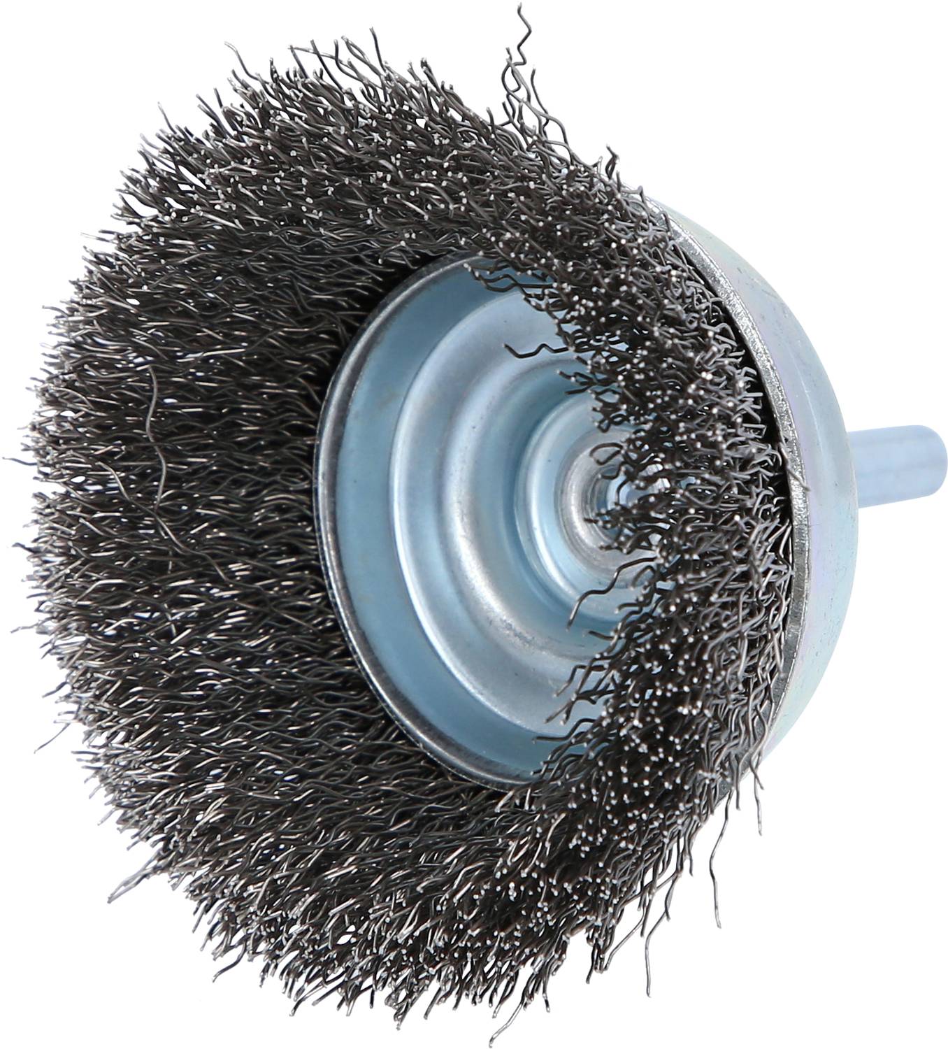 Round wire brush attachment, suitable for removing rust and paint from metal surfaces. Can be mounted on power drills.