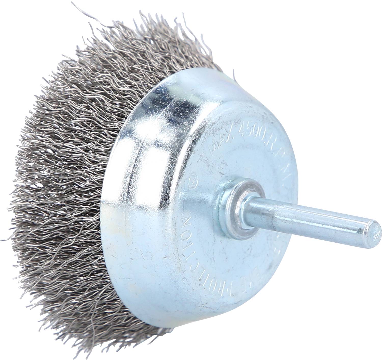 Metal brush attachment with wire bristles and circular shape, suitable for polishing or removing rust from surfaces.