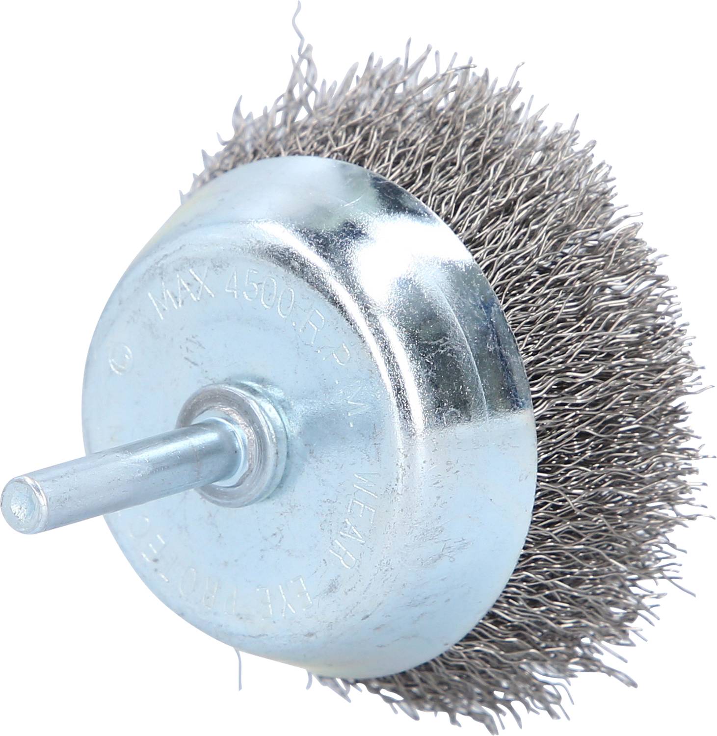 Metal wire brush attachment with dense wire bristles, suitable for cleaning or grinding work on various surfaces.