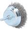 Metal wire brush attachment with dense wire bristles, suitable for cleaning or grinding work on various surfaces.