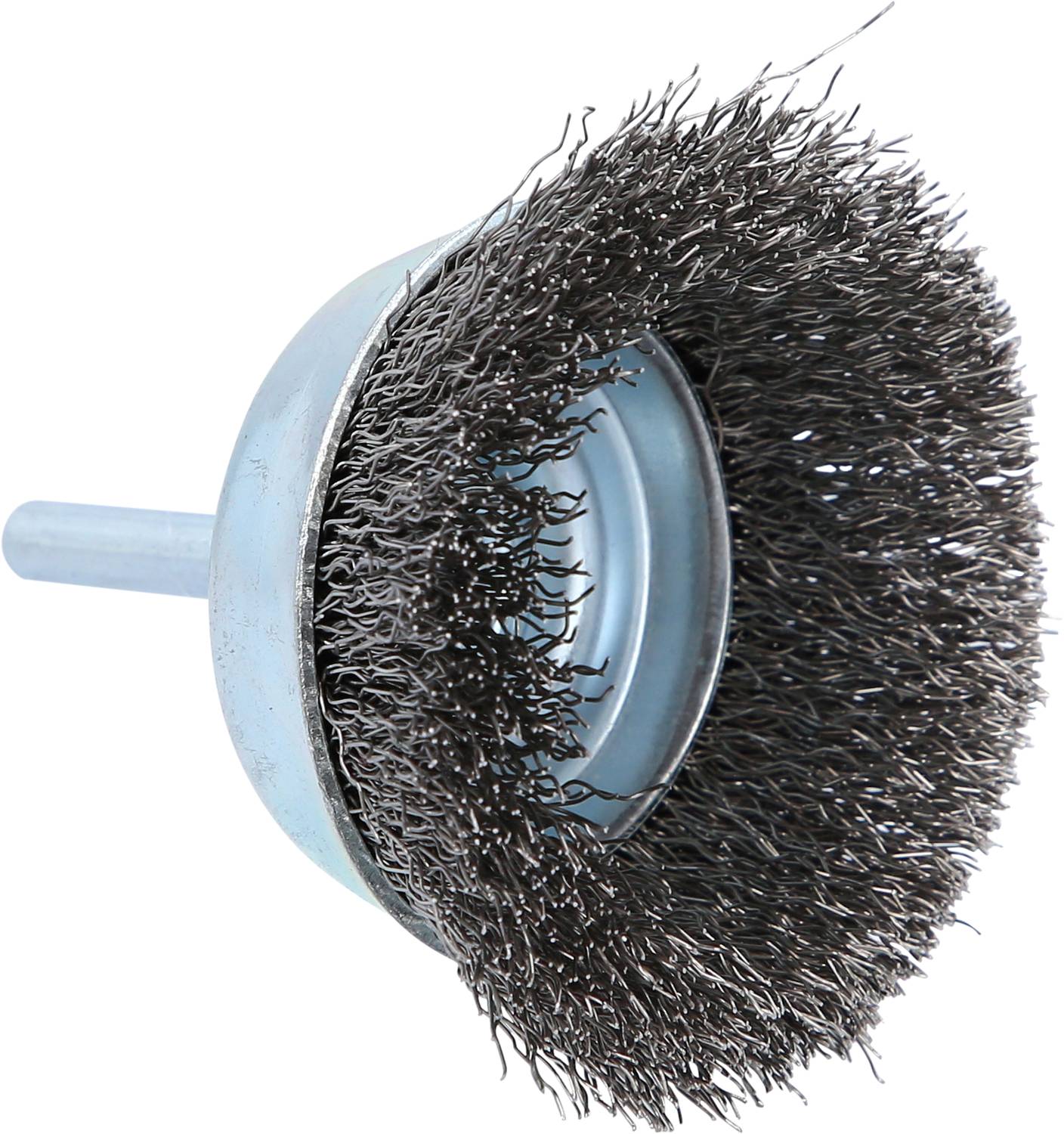 Wire brush attachment for cleaning or removing rust from surfaces, round-shaped with metal bristles and a handle for power drills.