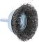 Wire brush attachment for cleaning or removing rust from surfaces, round-shaped with metal bristles and a handle for power drills.