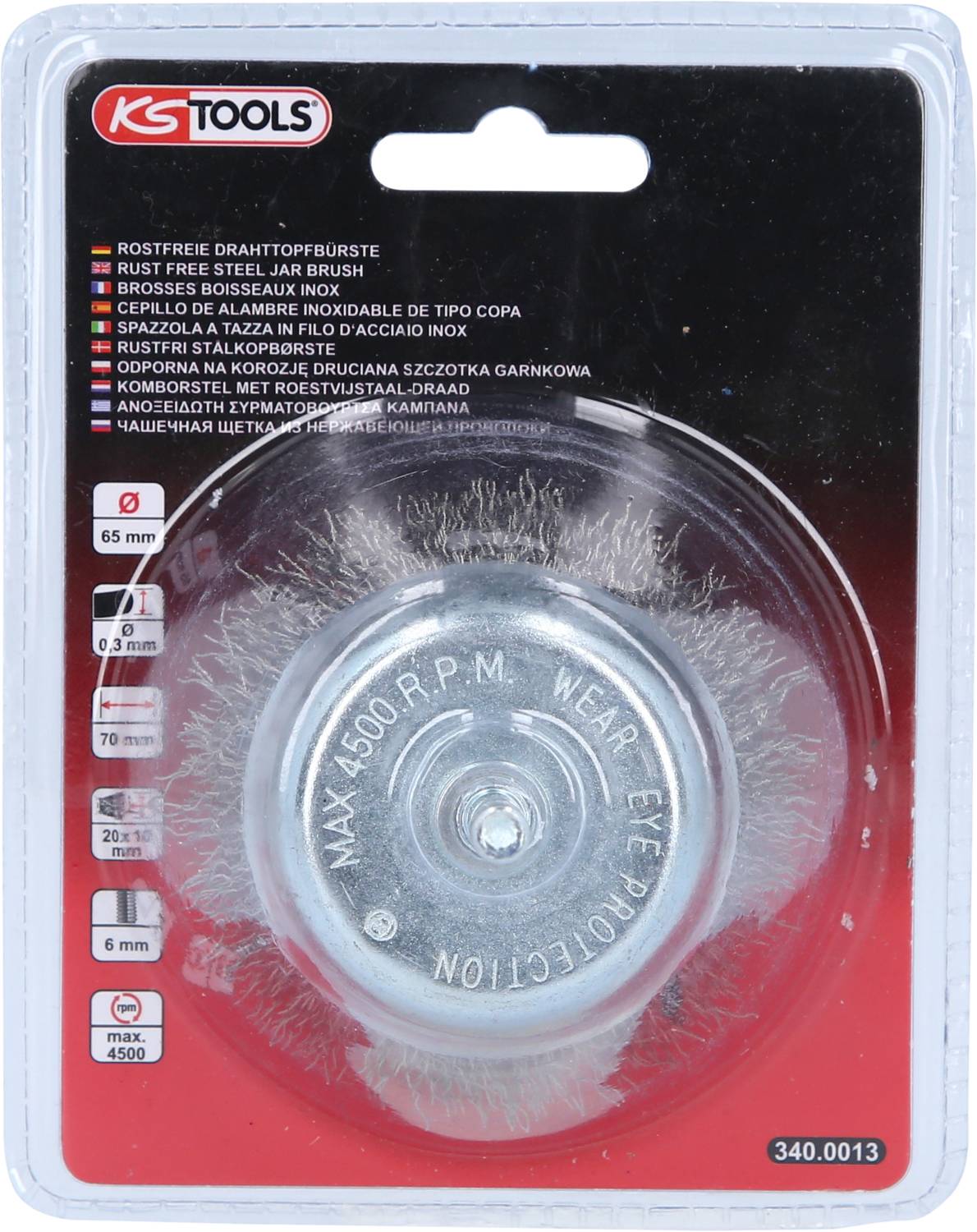 Wire brush attachment in packaging; suitable for drills up to 4,500 rpm; diameter 65 mm; safety glasses recommended.