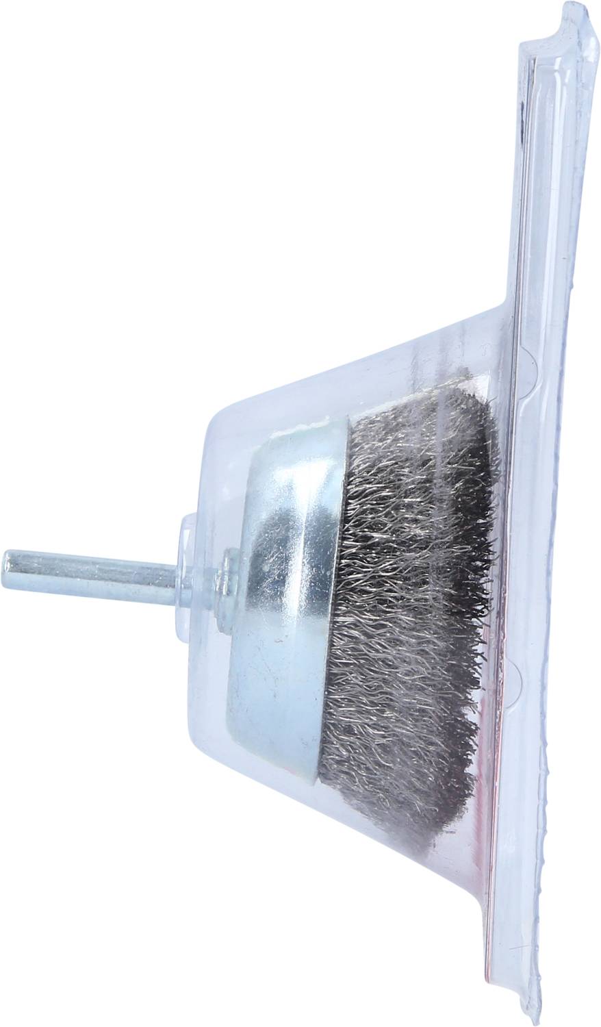 A wire brush in a plastic packaging, shown from the side, with a metal handle. Ideal for cleaning surfaces.