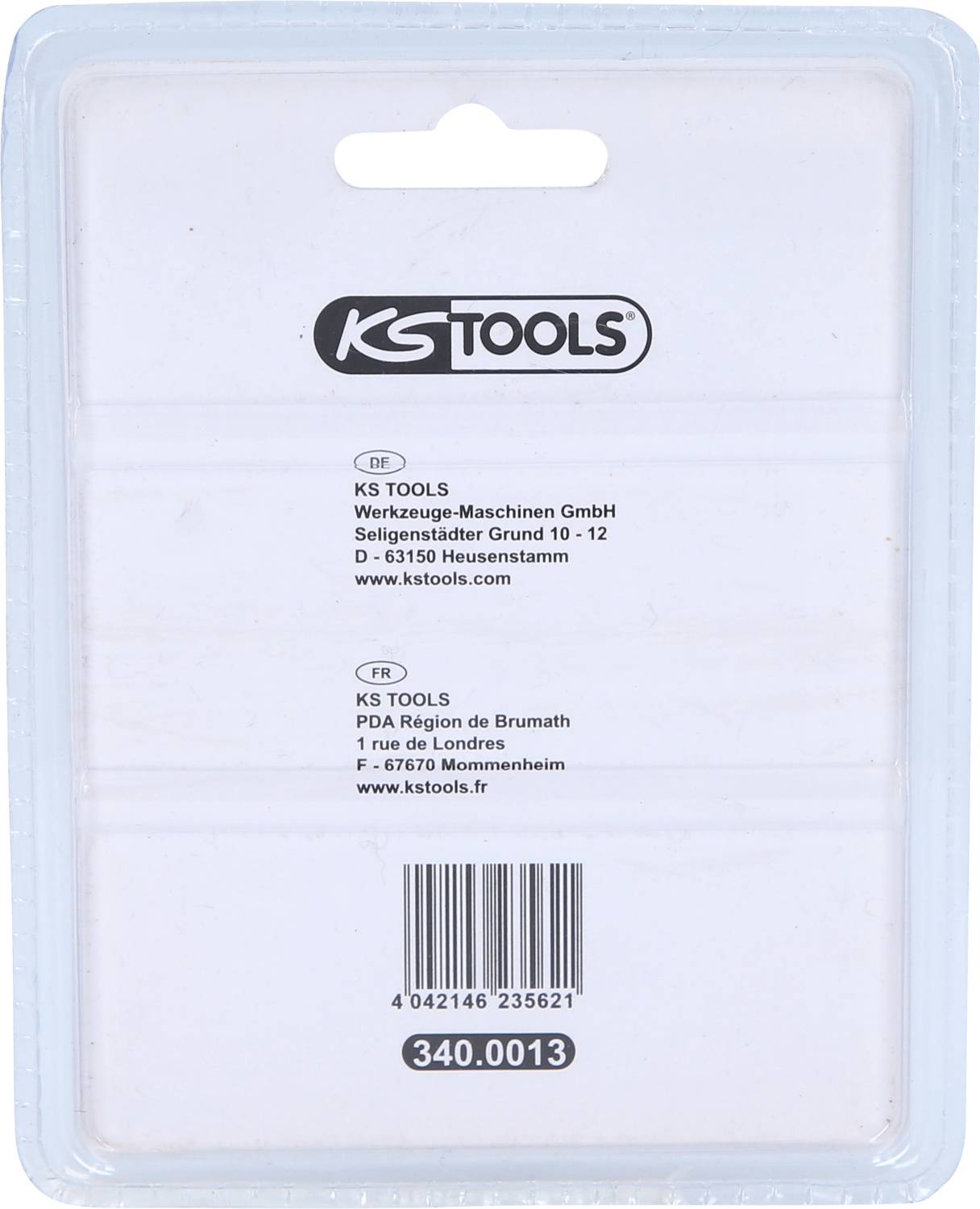 A product packaging from KS TOOLS with company addresses: Heusenstamm, Germany, and Mommenheim, France, along with the article number 340.0013.