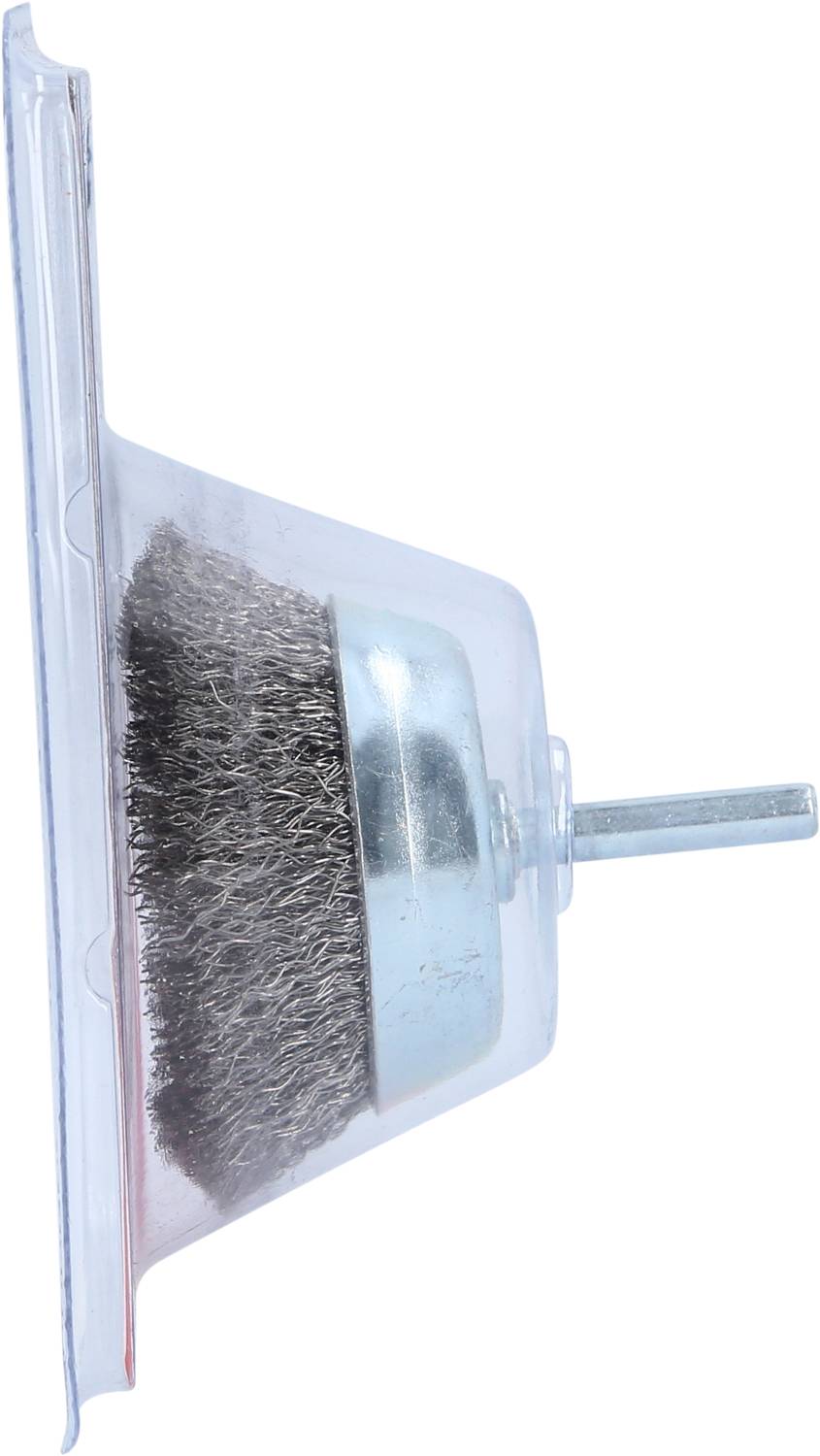 Wire brush in plastic packaging, side view. Suitable for attachment to tools for metalworking and cleaning.