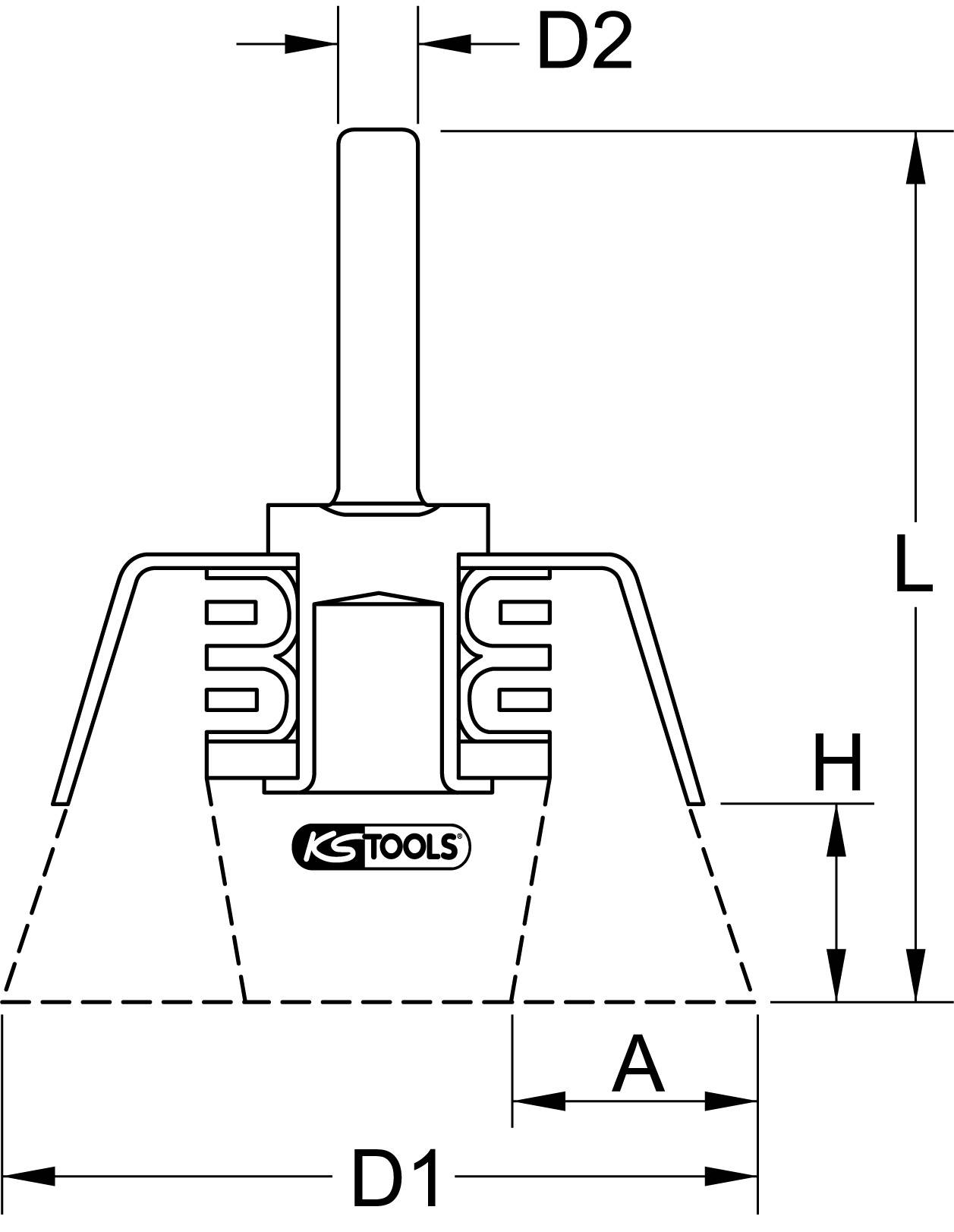 Technical drawing of a puller with dimensions D1, D2, L, H, and A; indicating specific measurements of a tool by KS Tools.