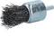 Metal wire brush attachment with cylindrical shape, fitted to a tool for cleaning or rust removal.