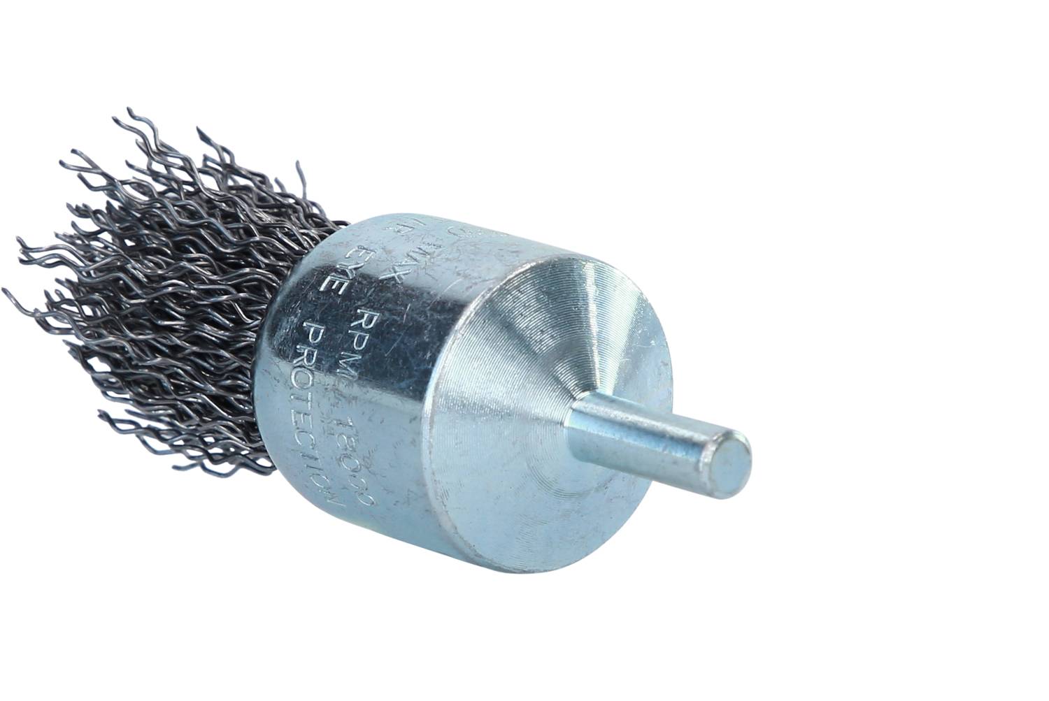A round wire brush with metal bristles and a cylindrical shaft for attachment to a tool, used for surface cleaning.