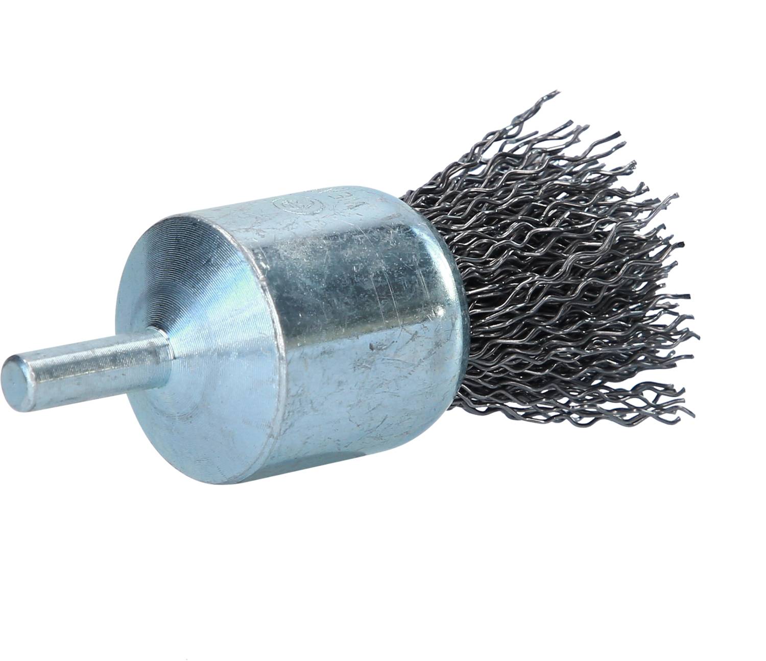 Metal wire brush with a cylindrical handle, used for cleaning or removing rust from surfaces.