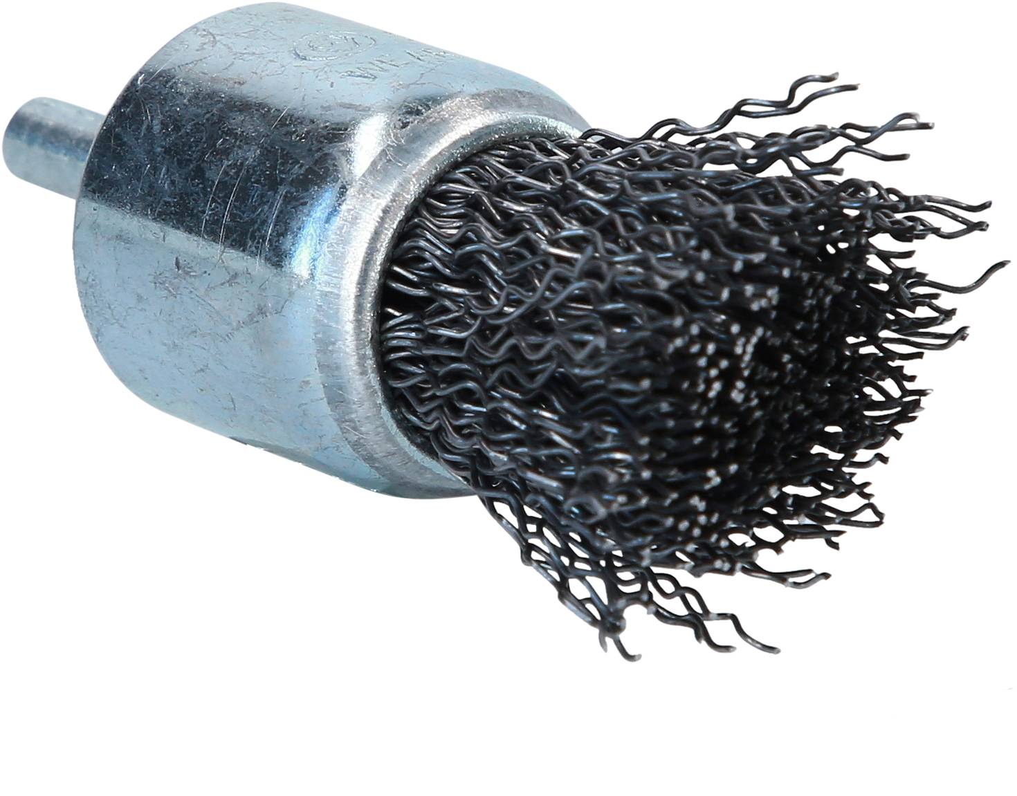 Wire brush attachment with twisted bristles for drill machines, suitable for cleaning metal surfaces.