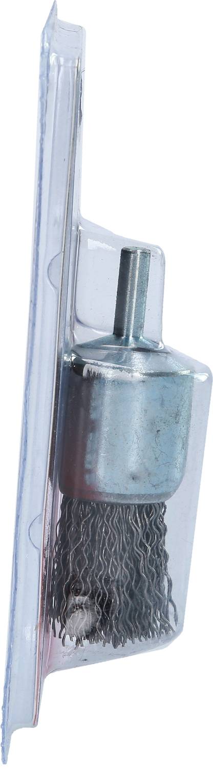 Metal wire brush attachment in plastic packaging, side view. Suitable for drill machines, used for cleaning or removing rust.