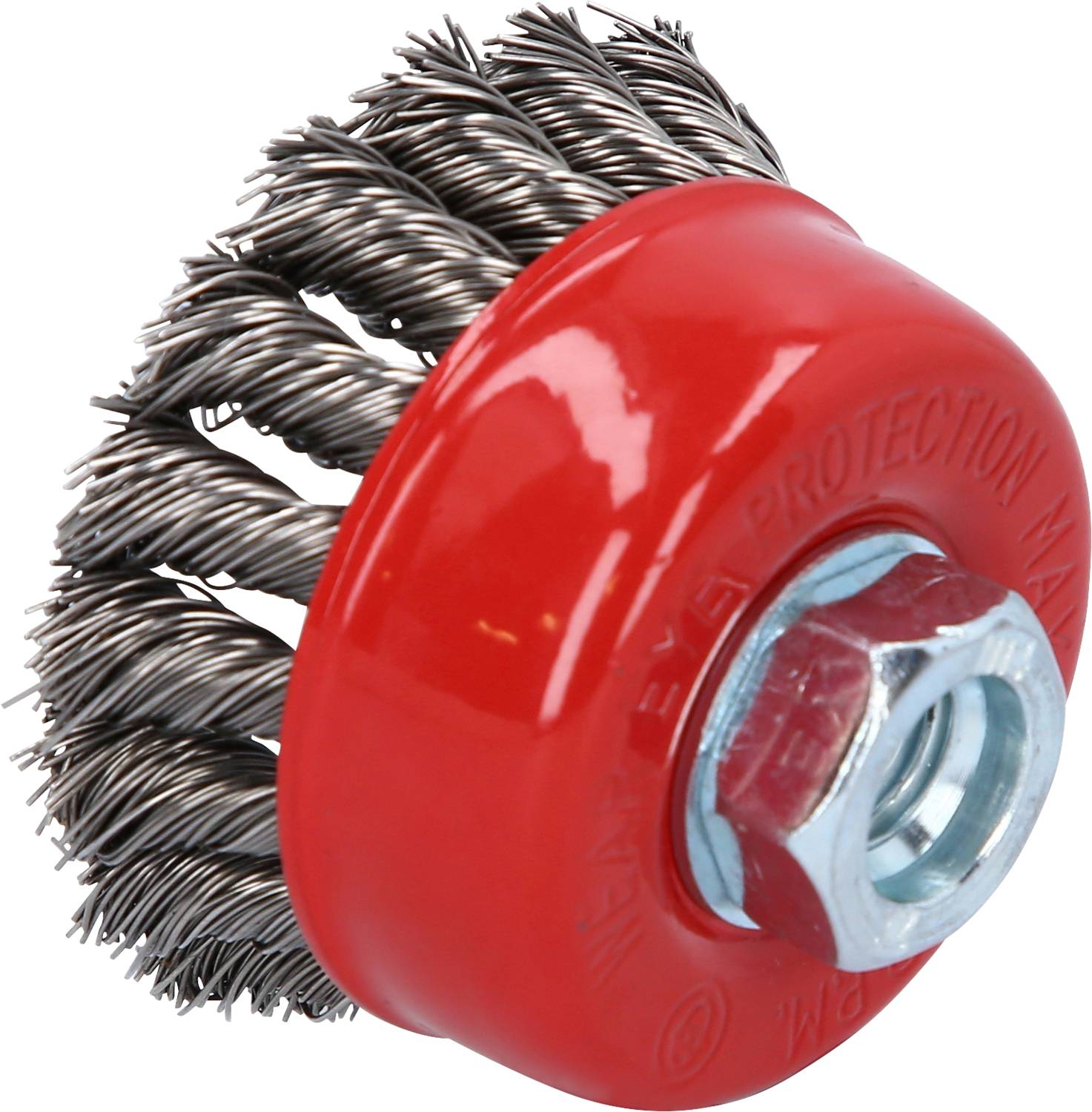 Red pot brush attachment with wire bristles and metal nut, used for grinding or removing rust and paint from surfaces.