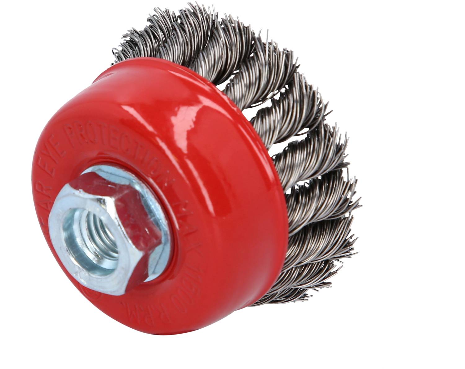 A red wire brush with metal bristles and a hexagonal connection, suitable for removing rust or paint from metal surfaces.