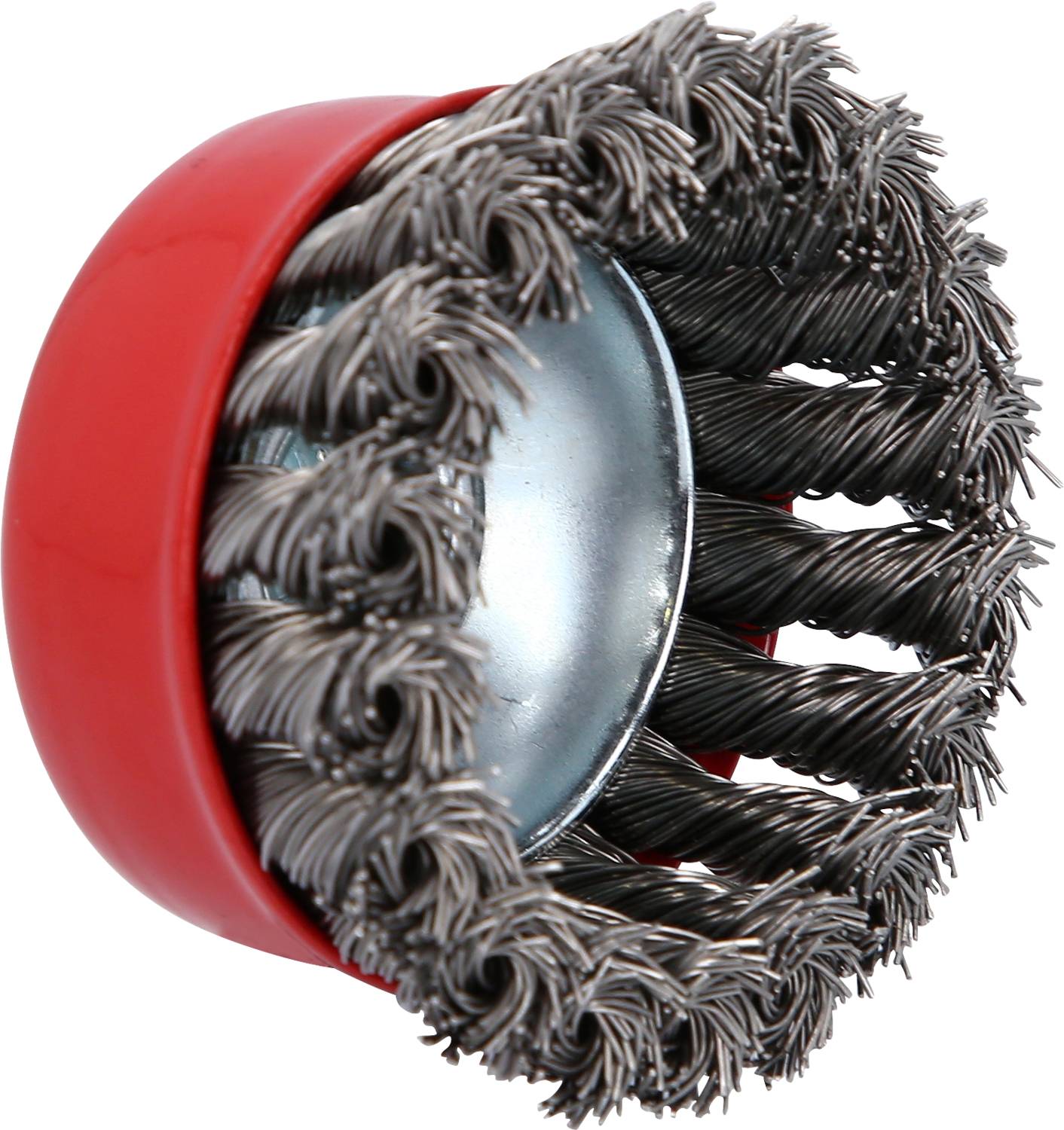 Wire brush attachment in a circular shape with a metal disc in the centre; bristles are arranged in a spiral configuration. Used for surface cleaning.