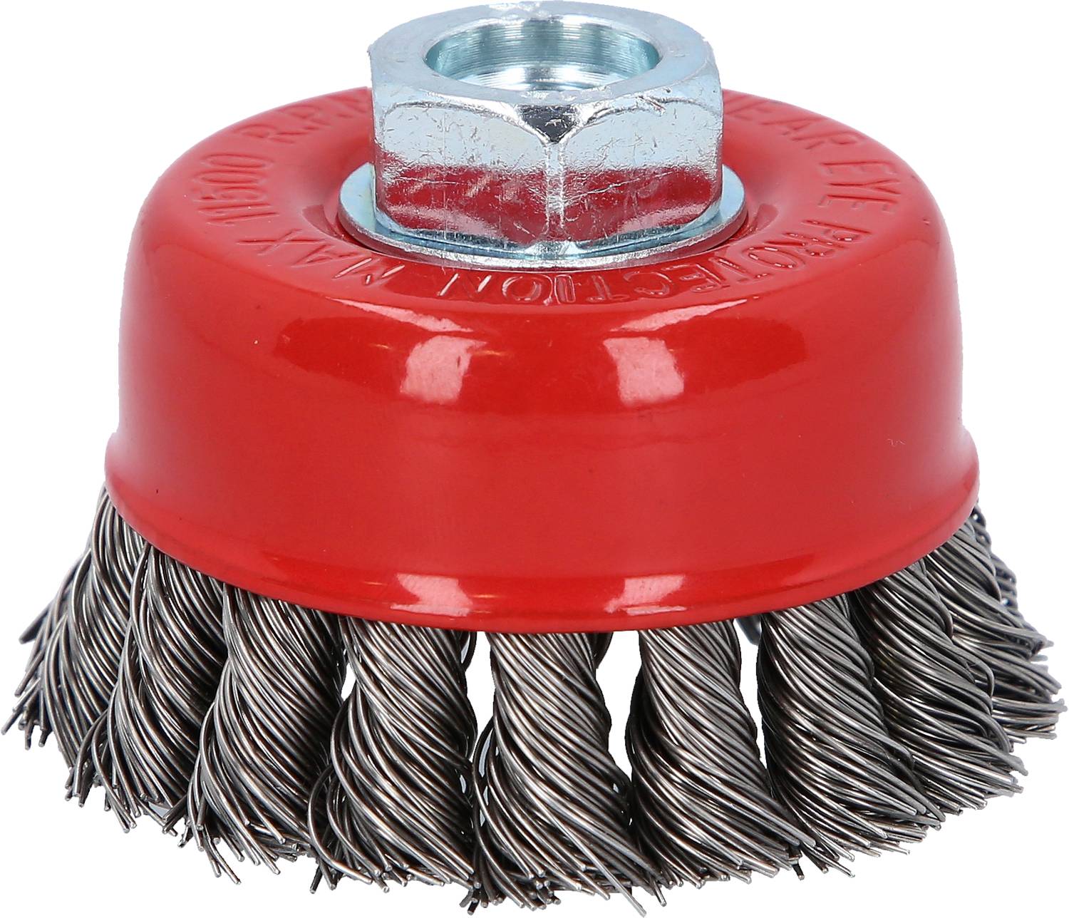 'Round wire brush with red casing and metal bristles, suitable for cleaning and removing rust or paint from surfaces.'