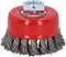 'Round wire brush with red casing and metal bristles, suitable for cleaning and removing rust or paint from surfaces.'