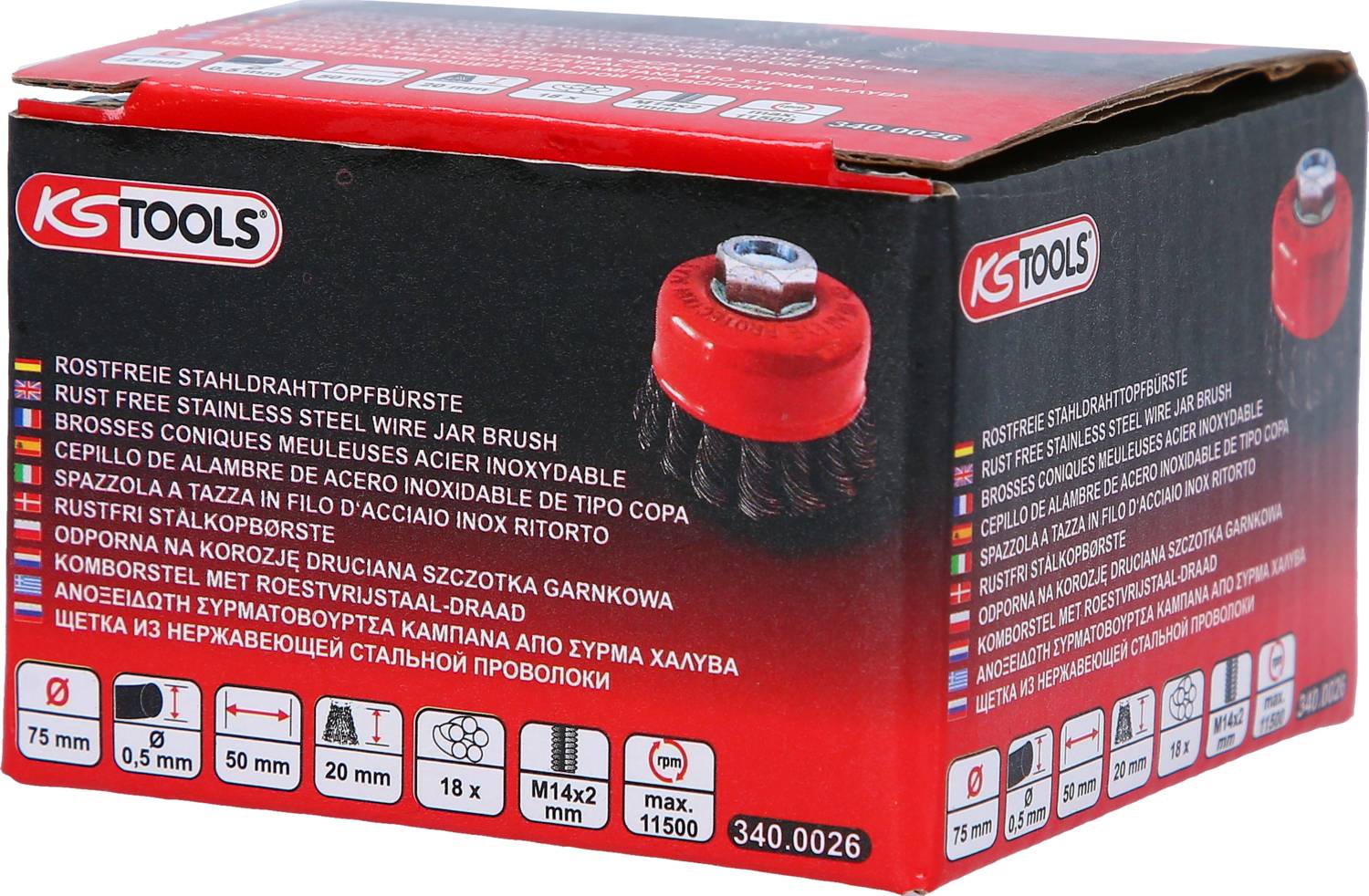 Side view of a packaging for a stainless steel pot brush by KS Tools, including symbols and technical specifications.