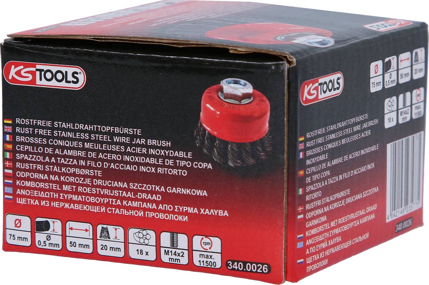 Packaging for a stainless steel wire cup brush by KS Tools. Contains specifications such as 75 mm diameter, M14x2 thread, max. 11,500 rpm.
