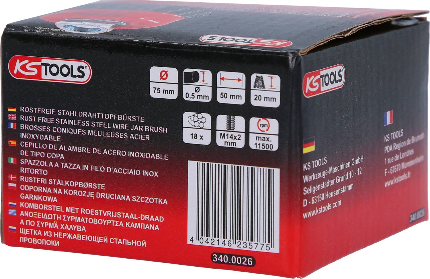 Black packaging from KS Tools with a stainless steel wire cup brush. Dimensions and technical specifications are shown.