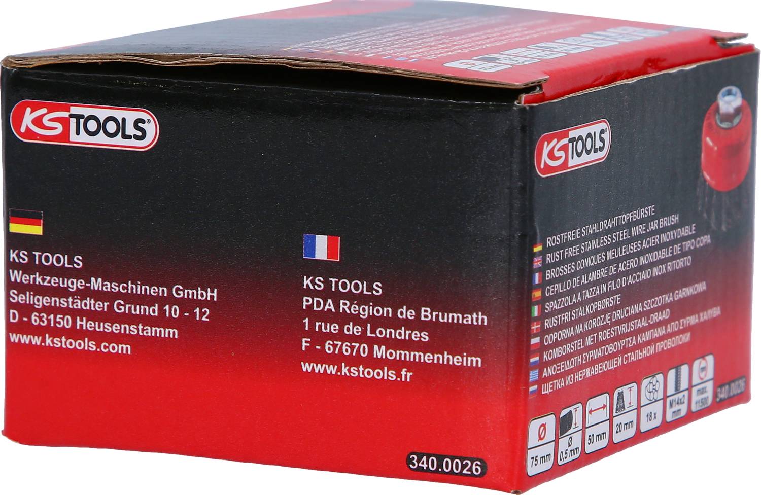 Packaging for KS Tools with company addresses in Germany and France. Logo and website on a red background.