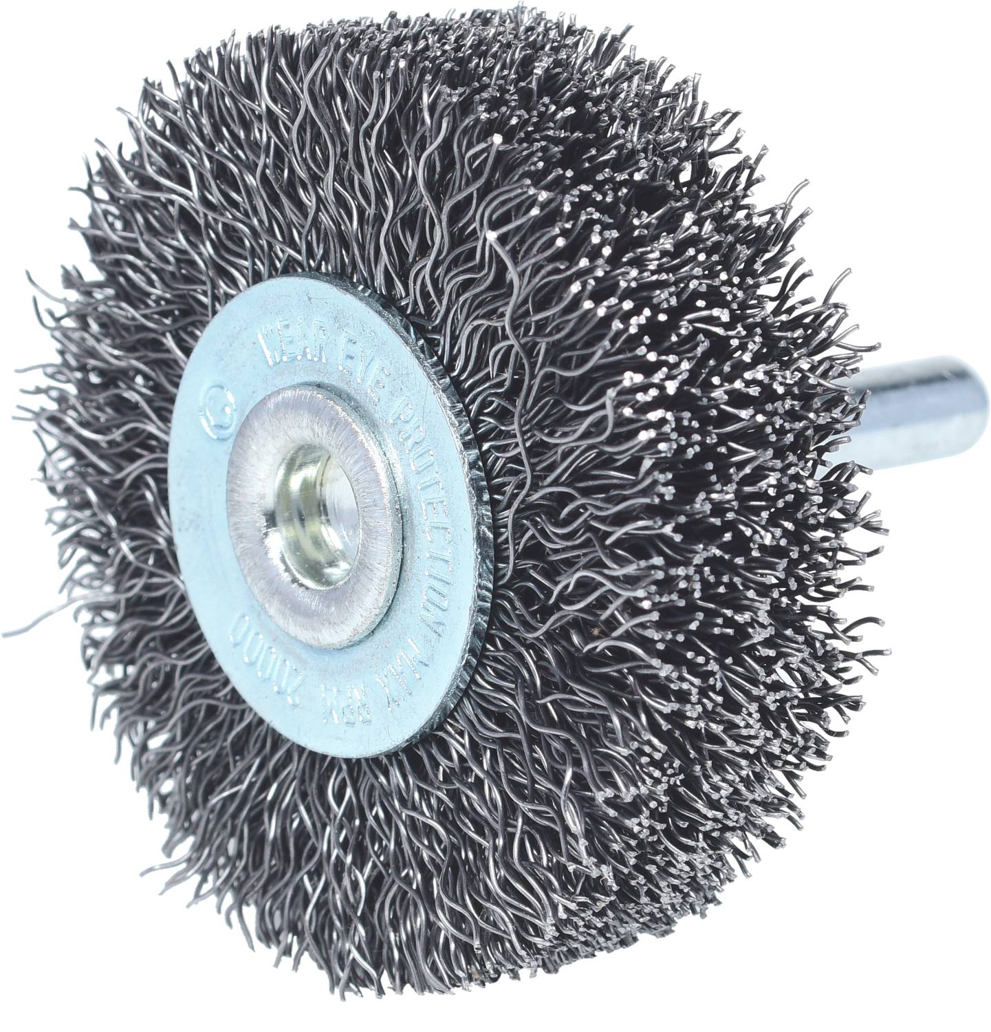 Metal wire brush with a round head, viewed from the side. Used for cleaning or polishing surfaces.