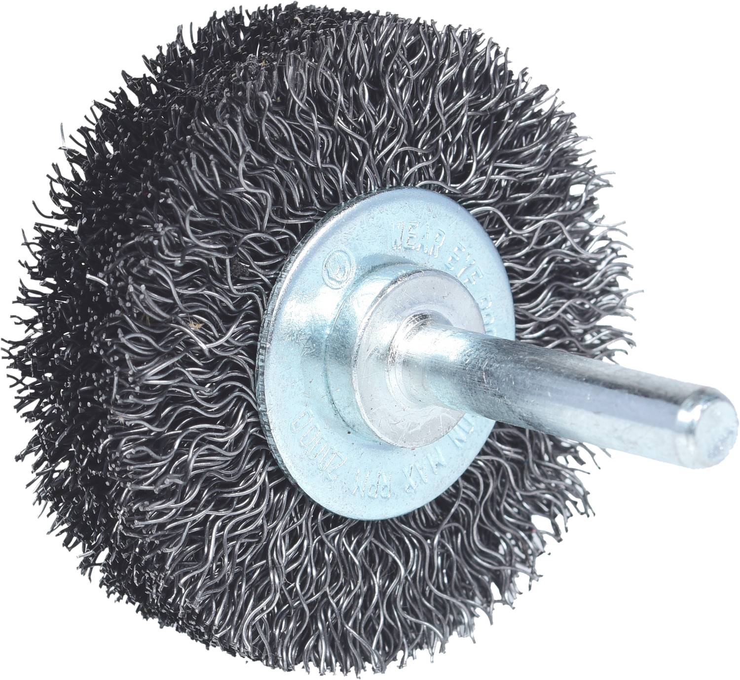 Metal wire brush with a cylindrical shaft, primarily used for rust removal or surface cleaning.