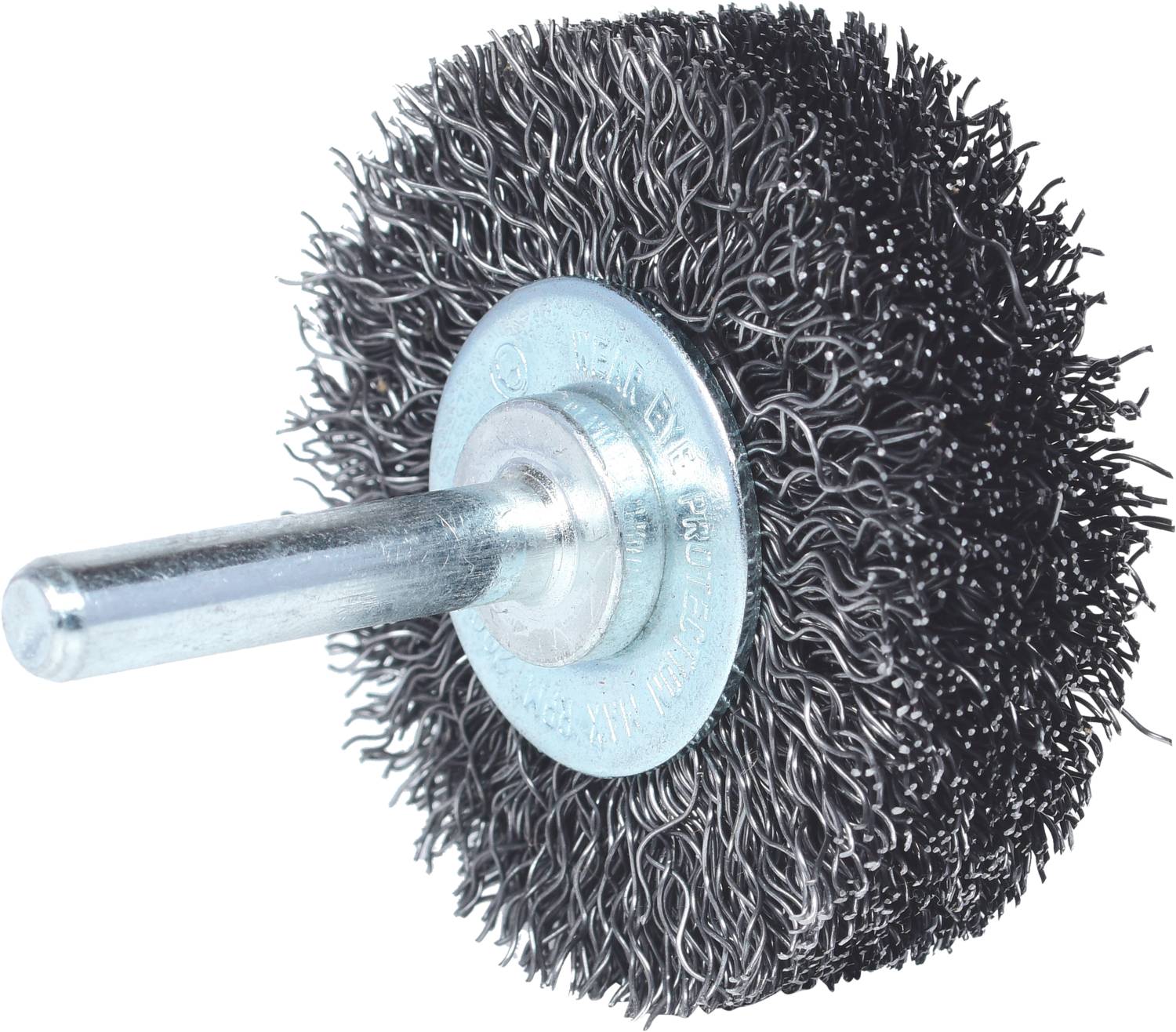 'Circular wire brush with metal bristles and shaft for attachment to power tools, suitable for cleaning and removing rust.'