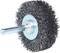 'Circular wire brush with metal bristles and shaft for attachment to power tools, suitable for cleaning and removing rust.'