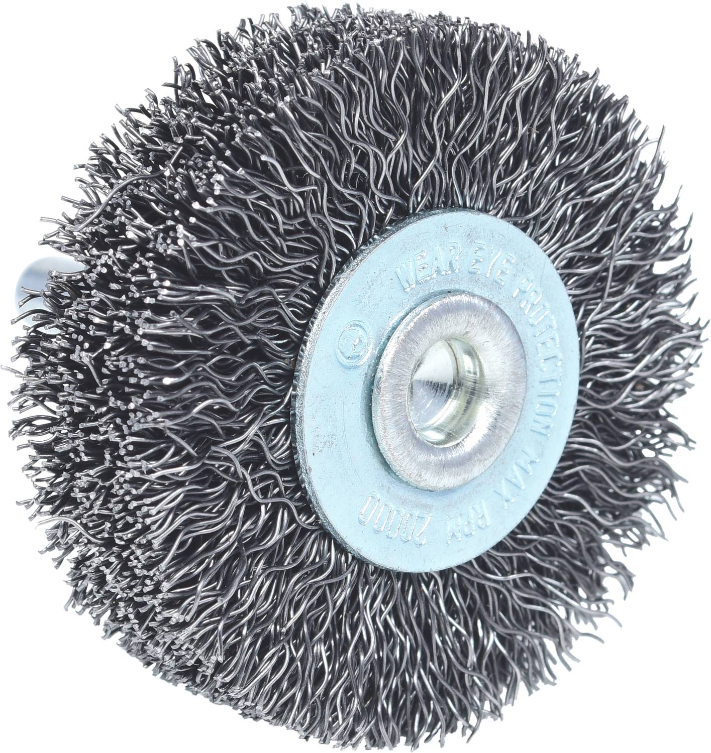 Metal wire brush head, round, used for cleaning or removing rust from surfaces. Suitable for drill attachments.