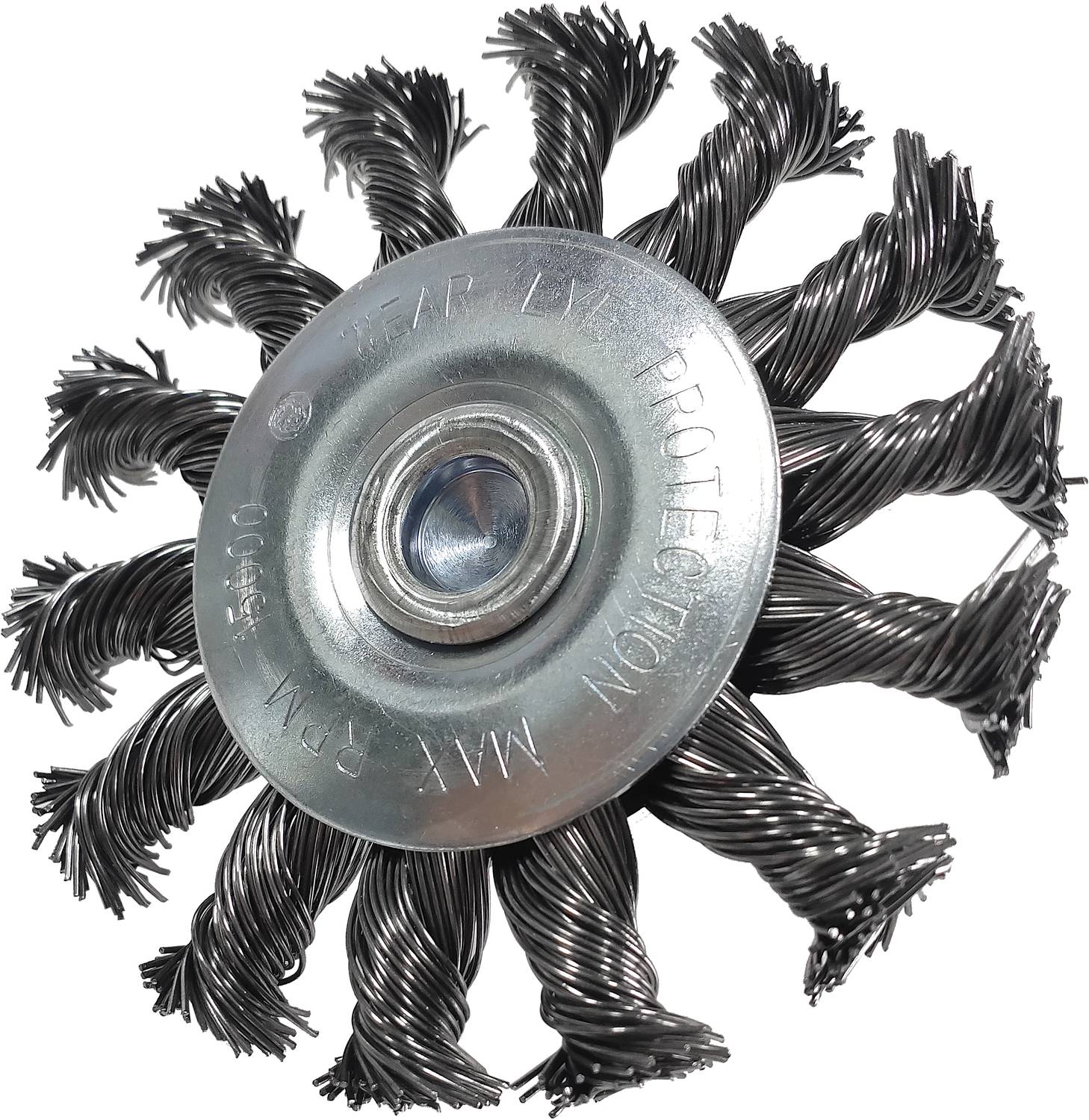 Wire brush attachment with twisted steel bristles, used for cleaning surfaces or removing rust.