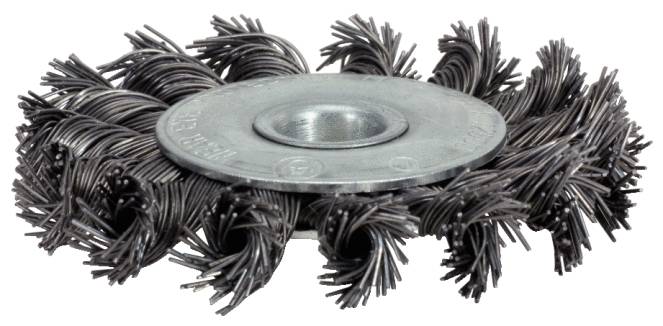 A round wire brush with twisted bristles. It is typically used for cleaning or removing rust from surfaces.