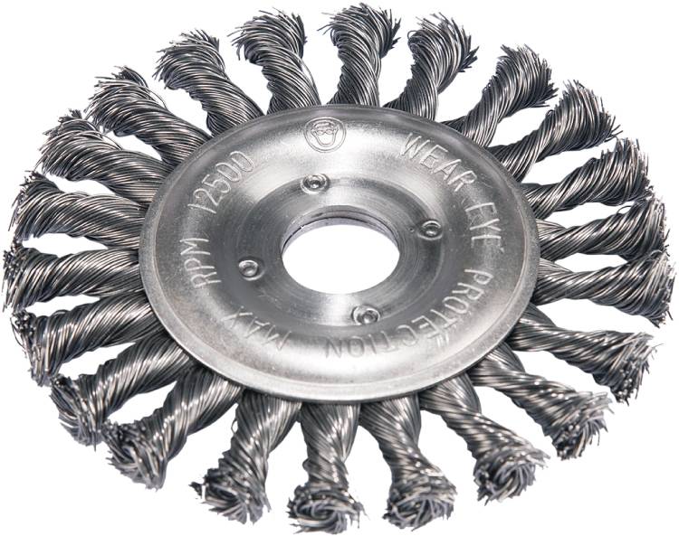 Metal wire brush with twisted bristles, arranged in a circular configuration, suitable for cleaning or removing rust from surfaces.