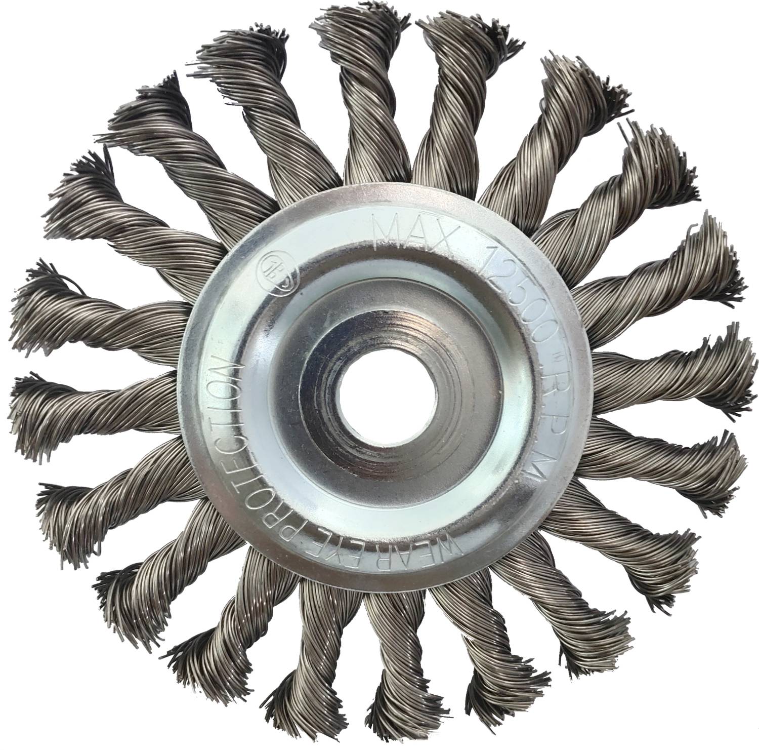 Wire brush with twisted bristles in a circular arrangement, suitable for removing rust and paint from metal surfaces.