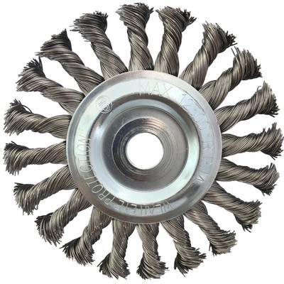 Wire brush with twisted bristles in a circular arrangement, suitable for removing rust and paint from metal surfaces.