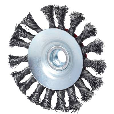 Wire brush with twisted steel bristles, suitable for cleaning and deburring work.